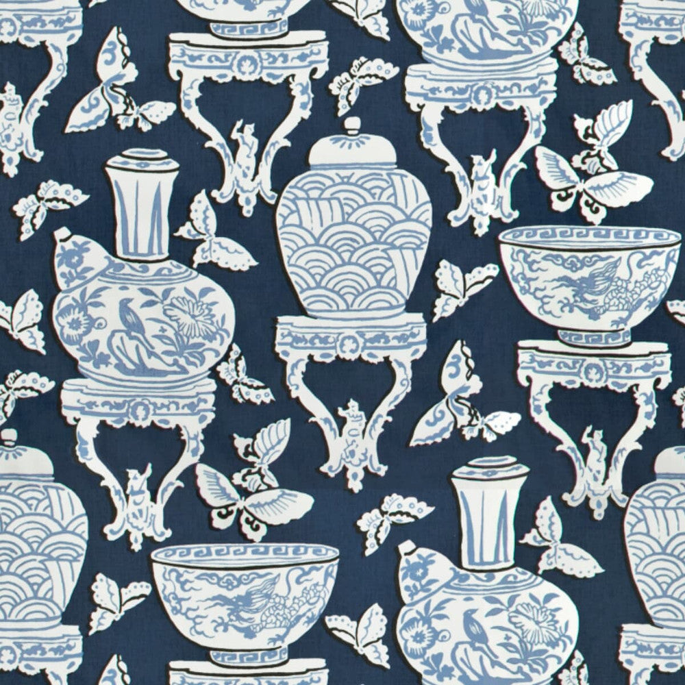 Asia 1 Ink by Stout Designer Fabric Rainbow Library Porcelain/Royal 100% Cotton USA FLAME RETARDANT-U.F.A.C. CLASS 1 (OR A) CATB 117-2013 WYZENBEEK 15 000 DOUBLE RUB WEAR TEST (HEAVY DUTY) Horizontal: 13.5 and Vertical: 25.25 54 in - Swanky Fabrics -