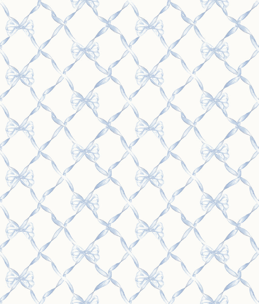 Baby Bow Blue Bella Ribbon Ribbon Trellis Wallpaper by A-Street Prints Designer LoveShackFancy Covers about 56.4 square feet 20.5-in by 33-ft long roll Unpasted 8 - Swanky Fabrics -