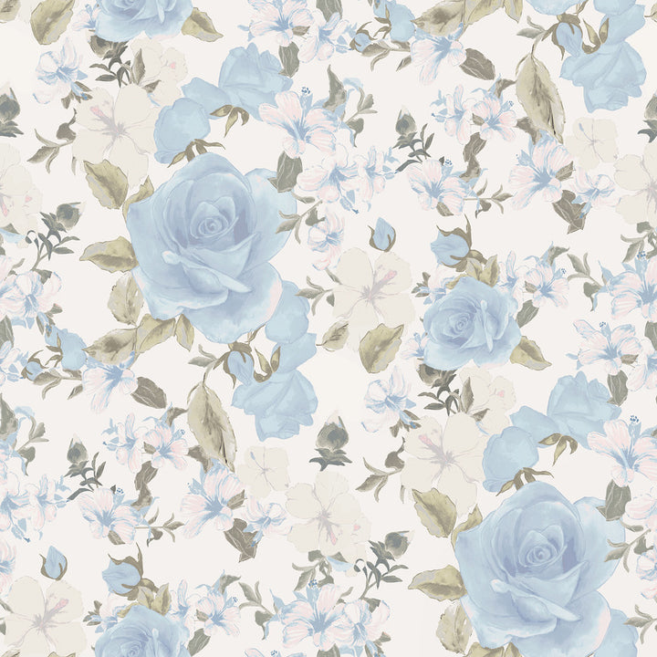 Sunset Harbor Rose Bella Lina Blue Roses & White Flowers Wallpaper by A-Street Prints Designer LoveShackFancy Covers about 56.4 square feet 20.5-in by 33-ft long roll Unpasted 20.8 - Swanky Fabrics -