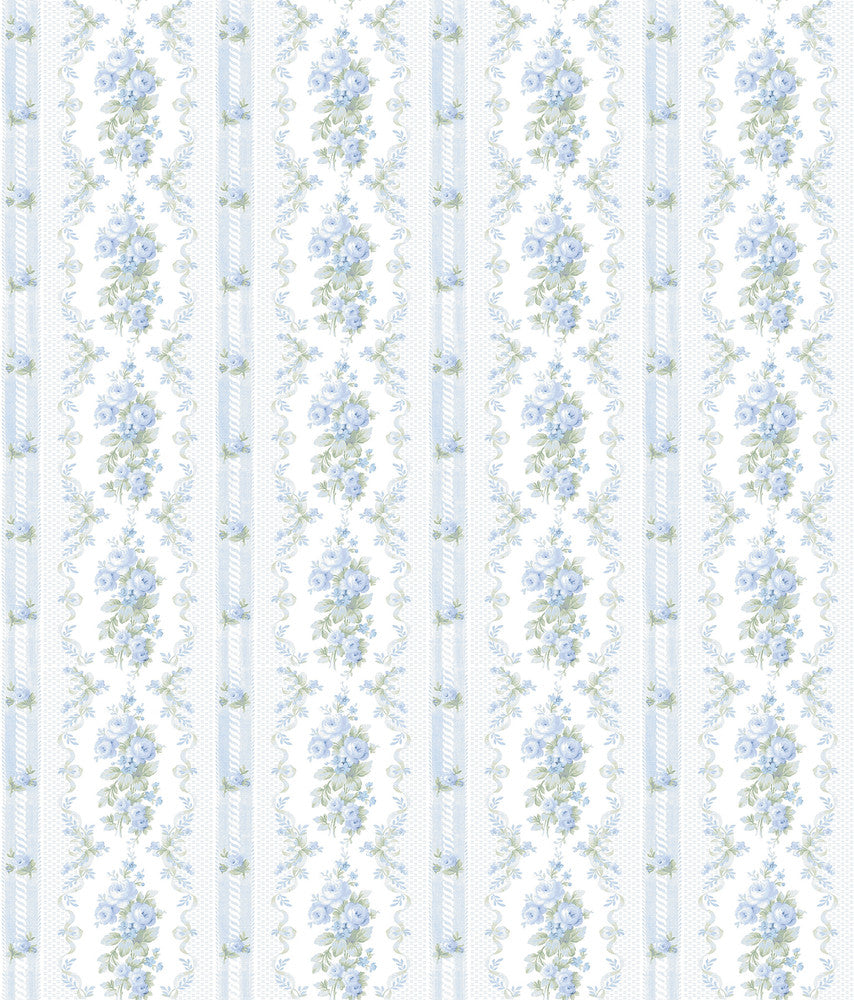 Dreamy Days Sweet Blue Stripe & Floral Wallpaper by A-Street Prints Designer LoveShackFancy Covers about 56.4 square feet 20.5-in by 33-ft long roll Unpasted 24 - Swanky Fabrics -