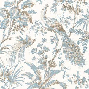 Peacock Toile Soft Blue and Beige AT57828 by Anna French Designer Wallpaper