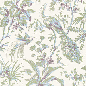 Peacock Toile Green and Plum AT57829 by Anna French Designer Wallpaper