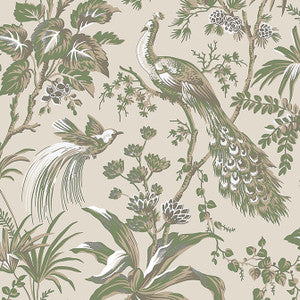 Peacock Toile Green on Natural AT57832 by Anna French Designer Wallpaper