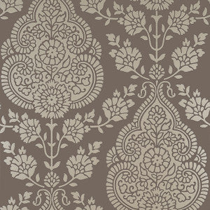 Balmuccia Damask Pewter on Chestnut AT57869 by Anna French Designer Wallpaper