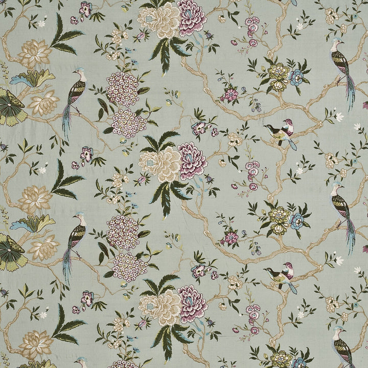 Oriental Bird Embroidery Silk Aqua/Multi by G P & J Baker Designer Fabric HOLCOTT RAYON - 64%;SILK - 36% India Horizontal: 52.402 and Vertical: 14.972 52.402 - Swanky Fabrics -