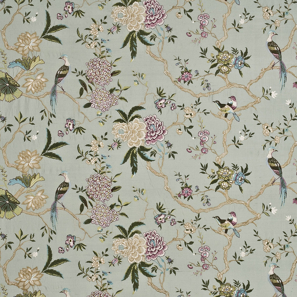 Oriental Bird Embroidery Silk Aqua/Multi by G P & J Baker Designer Fabric HOLCOTT RAYON - 64%;SILK - 36% India - Horizontal: 52.402 and Vertical: 14.972 52.402 - Swanky Fabrics -