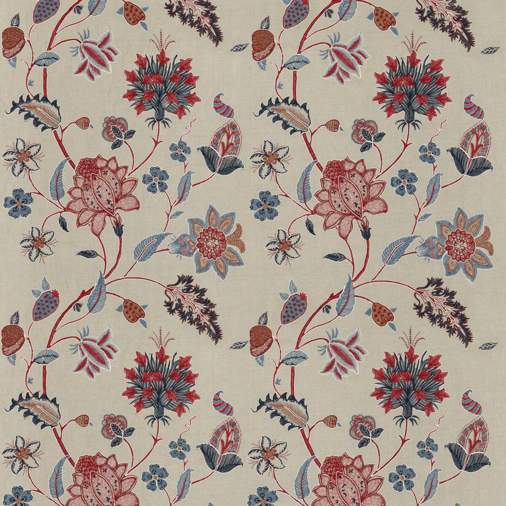 Baker'S Indienne Embroidery Indigo/Red by G P & J Baker Designer Fabric KESWICK EMBROIDERIES LINEN - 61%;VISCOSE - 21%;POLYESTER - 18% India - Horizontal: 25.216 and Vertical: 30.732 50.432 - Swanky Fabrics -