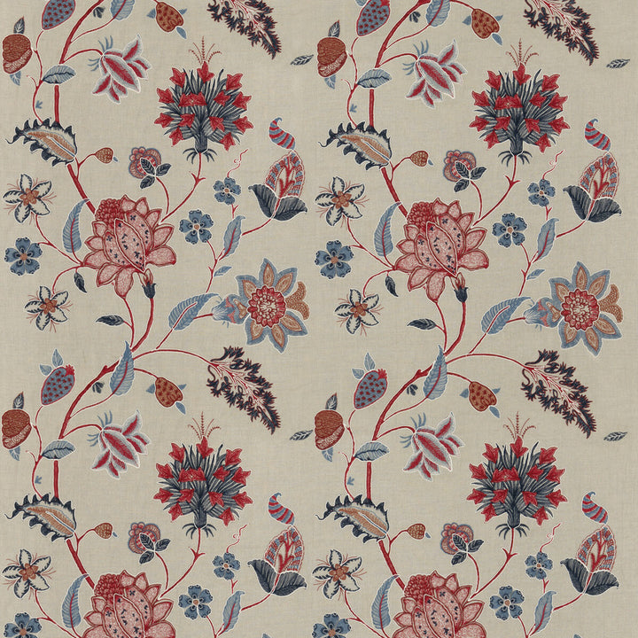 Baker'S Indienne Embroidery Indigo/Red by G P & J Baker Designer Fabric KESWICK EMBROIDERIES LINEN - 61%;VISCOSE - 21%;POLYESTER - 18% India - Horizontal: 25.216 and Vertical: 30.732 50.432 - Swanky Fabrics -