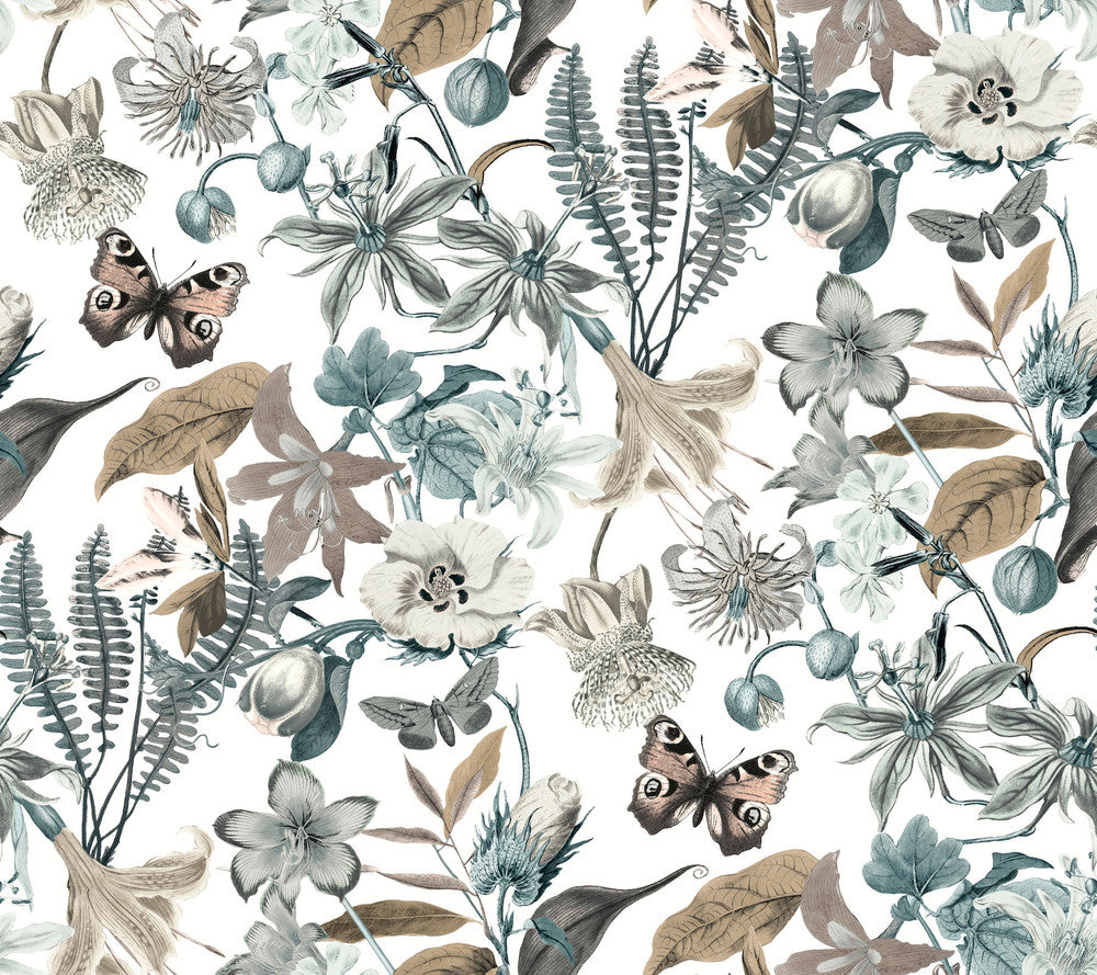 Butterfly House White & Blue Wallpaper by York Wallcoverings Designer Blooms Covers about 60.8 square feet 27-in by 27-ft long roll Unpasted 24 - Swanky Fabrics -