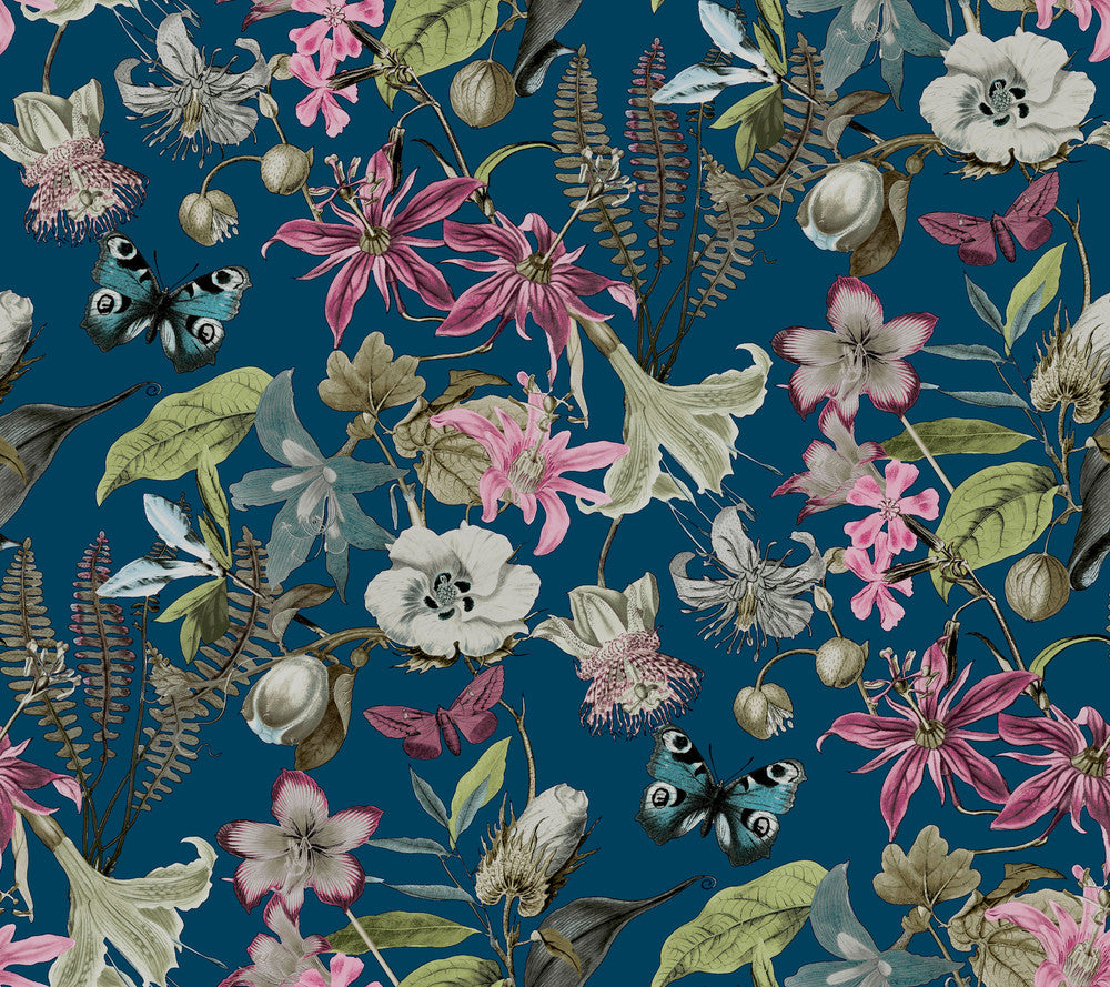Butterfly House Navy Wallpaper by York Wallcoverings Designer Blooms Covers about 60.8 square feet 27-in by 27-ft long roll Unpasted 24 - Swanky Fabrics -