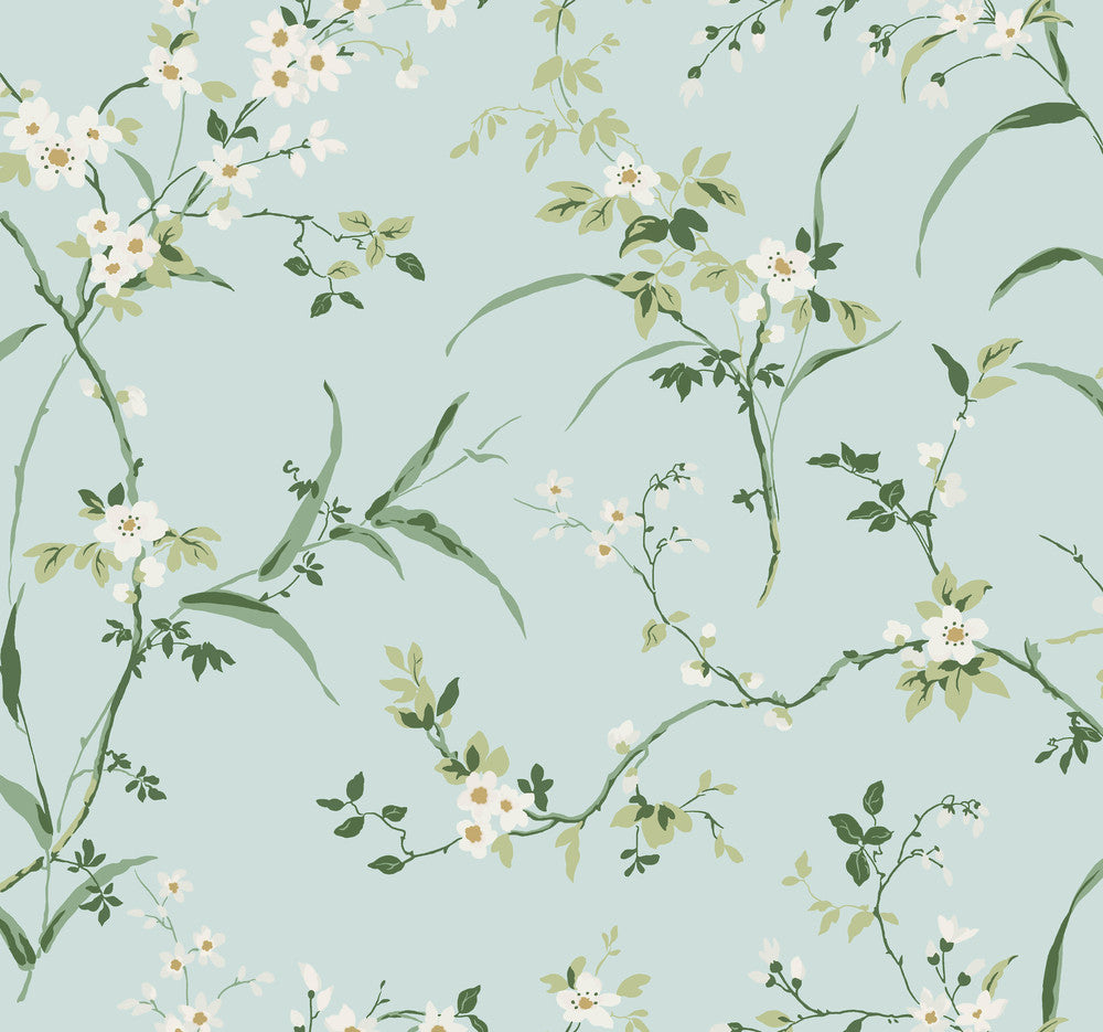 Blossom Branches Spa Blue Wallpaper by York Wallcoverings Designer Blooms Covers about 60.8 square feet 27-in by 27-ft long roll Unpasted 25.25 - Swanky Fabrics -