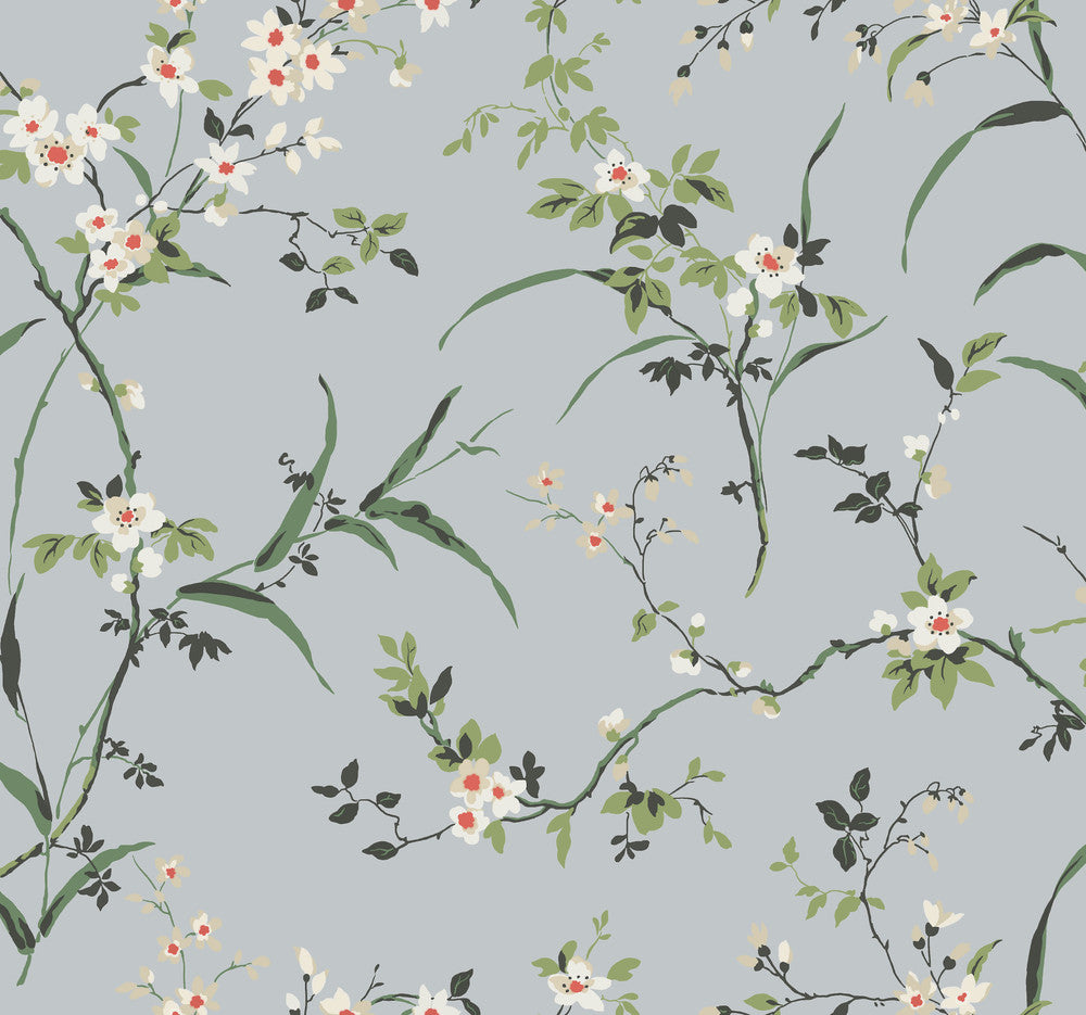 Blossom Branches Light Grey Wallpaper by York Wallcoverings Designer Blooms Covers about 60.8 square feet 27-in by 27-ft long roll Unpasted 25.25 - Swanky Fabrics -