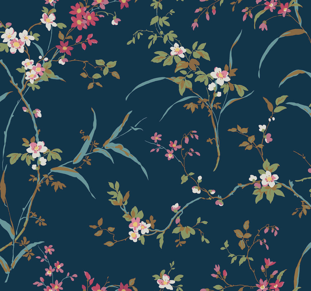 Blossom Branches Navy Wallpaper by York Wallcoverings Designer Blooms Covers about 60.8 square feet 27-in by 27-ft long roll Unpasted 25.25 - Swanky Fabrics -