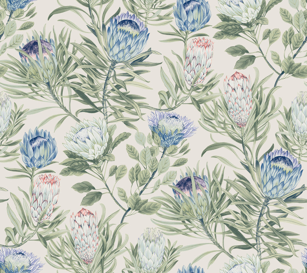 Protea Cream & Blue Wallpaper by York Wallcoverings Designer Blooms Covers about 60.8 square feet 27-in by 27-ft long roll Unpasted 24 - Swanky Fabrics -