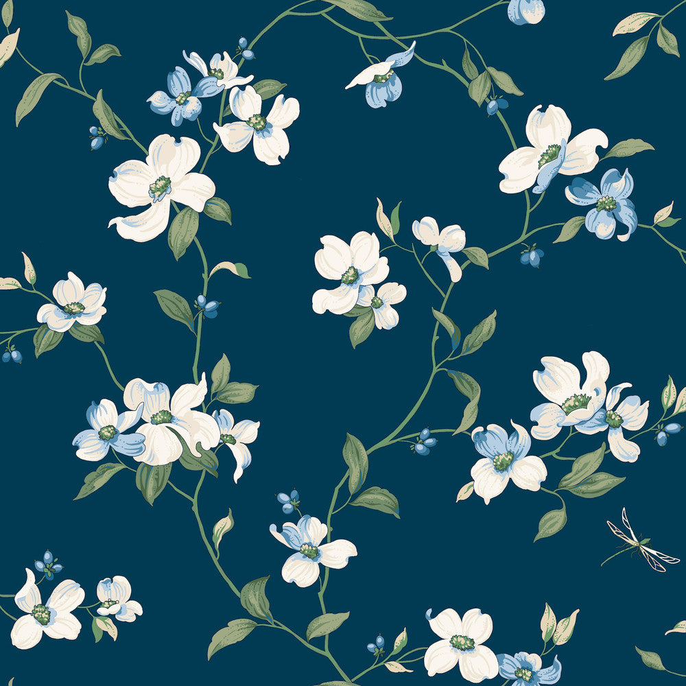 Dogwood Navy Wallpaper by York Wallcoverings Designer Blooms Covers about 56.4 square feet 20.5-in by 33-ft long roll Unpasted 10.25 - Swanky Fabrics -