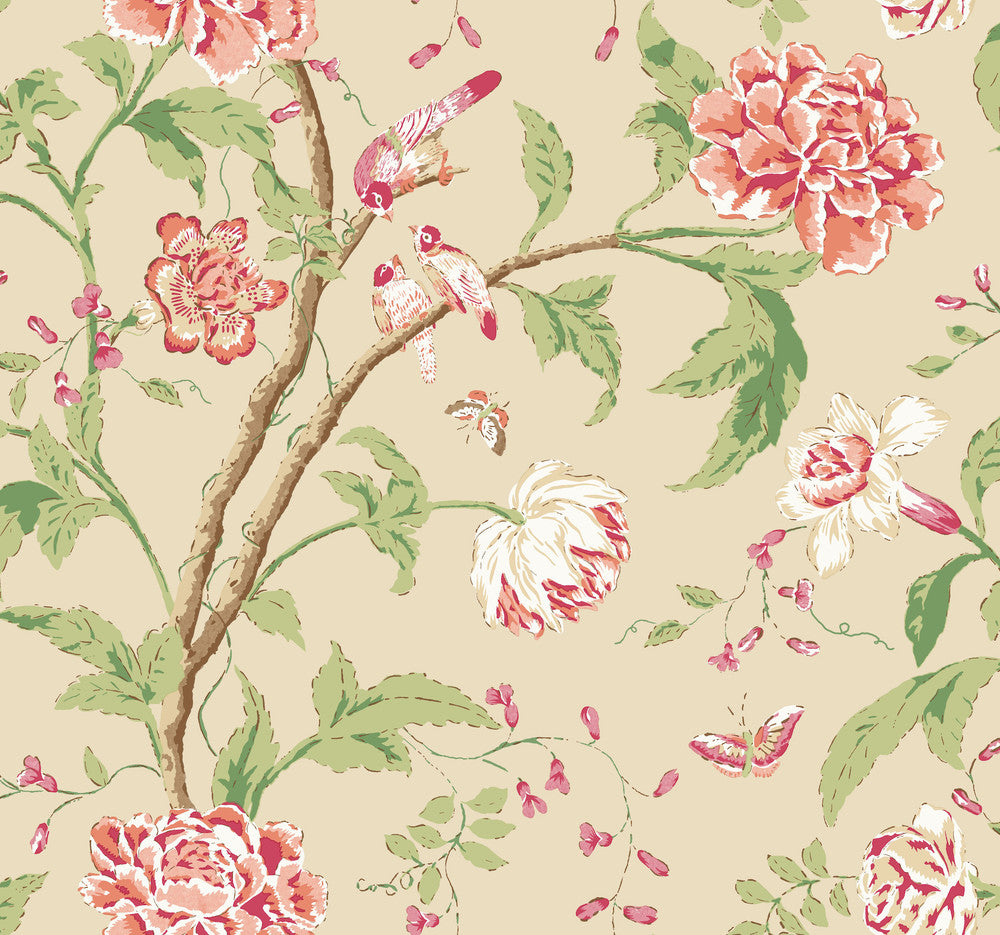 Teahouse Floral Cream & Coral Wallpaper by York Wallcoverings Designer Blooms Covers about 60.8 square feet 27-in by 27-ft long roll Unpasted 25.25 - Swanky Fabrics -