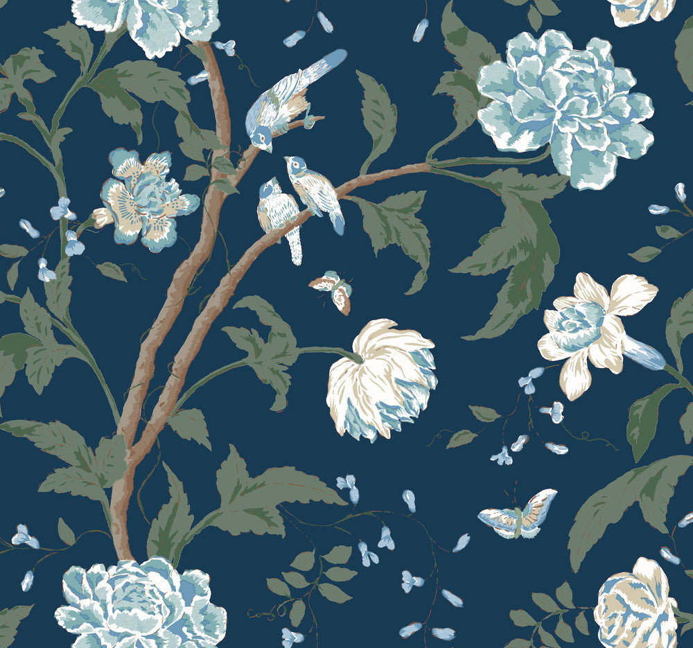 Teahouse Floral Navy Wallpaper by York Wallcoverings Designer Blooms Covers about 60.8 square feet 27-in by 27-ft long roll Unpasted 25.25 - Swanky Fabrics -