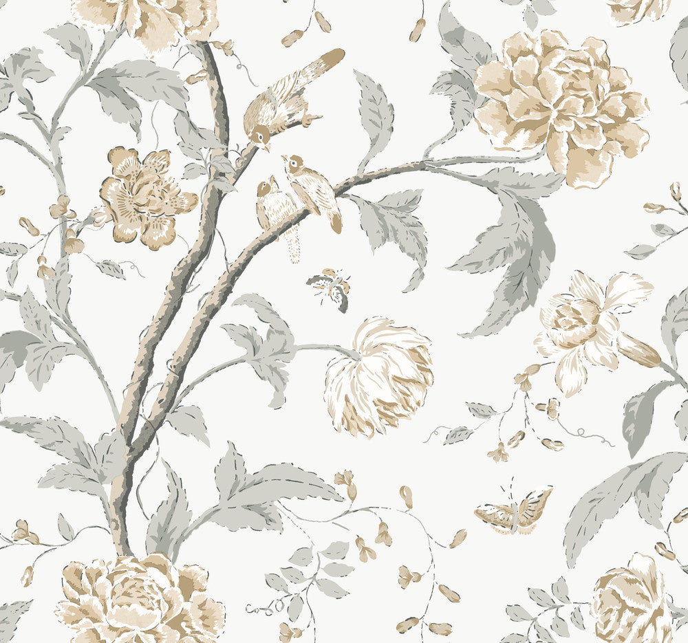 Teahouse Floral Neutral Wallpaper by York Wallcoverings Designer Blooms Covers about 60.8 square feet 27-in by 27-ft long roll Unpasted 25.25 - Swanky Fabrics -