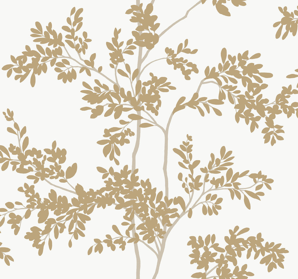 Lunaria Silhouette White & Gold Wallpaper by York Wallcoverings Designer Blooms Covers about 60.8 square feet 27-in by 27-ft long roll Unpasted 25.25 - Swanky Fabrics -