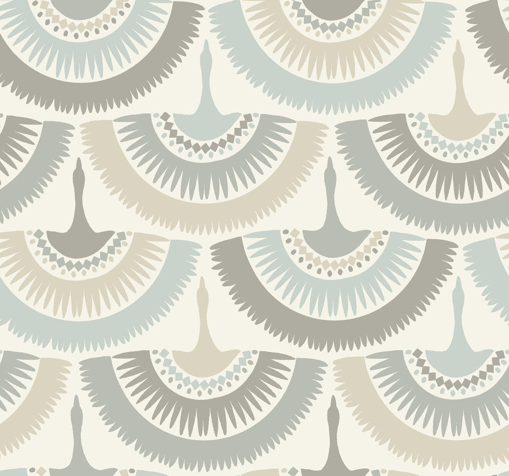 Feather & Fringe Cream & Blue Wallpaper by Antonina Vella Designer Antonina Vella Boho Luxe Covers about 60.8 square feet 27-in by 27-ft long roll Unpasted 25.25 - Swanky Fabrics -