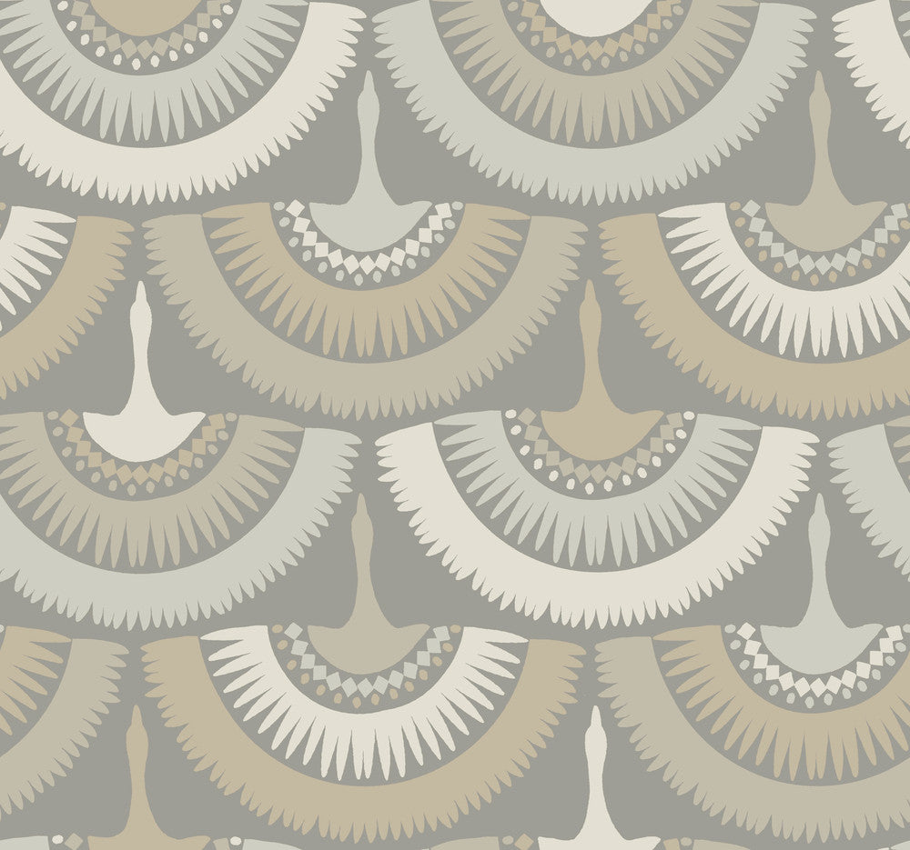 Feather & Fringe Grey Wallpaper by Antonina Vella Designer Antonina Vella Boho Luxe Covers about 60.8 square feet 27-in by 27-ft long roll Unpasted 25.25 - Swanky Fabrics -