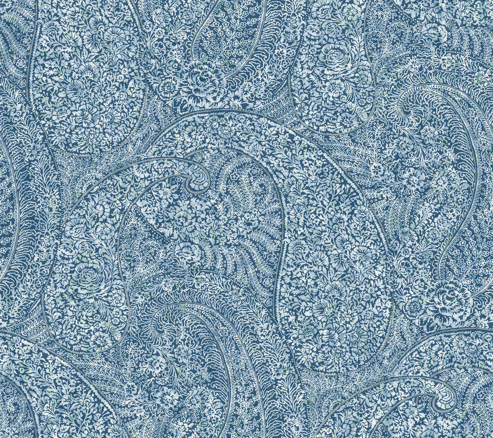 Kashmir Dreams Paisley Blue Wallpaper by Antonina Vella Designer Antonina Vella Boho Luxe Covers about 60.8 square feet 27-in by 27-ft long roll Unpasted 24 - Swanky Fabrics -