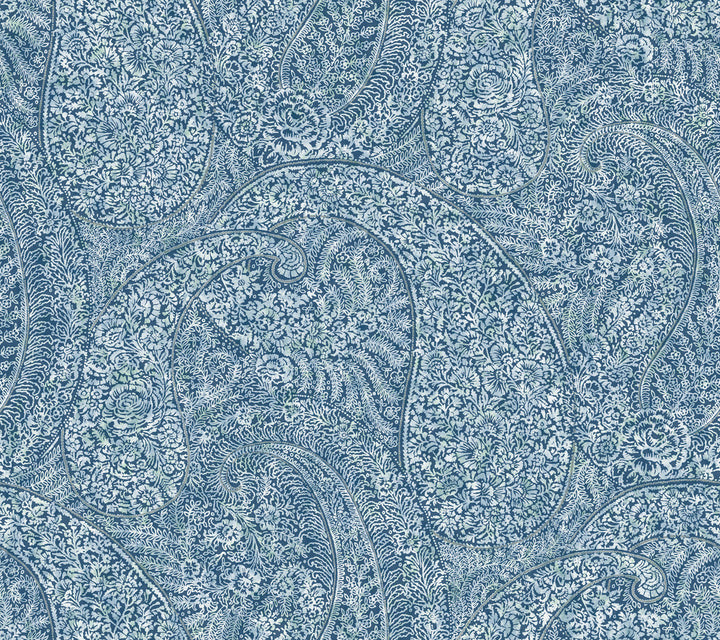 Kashmir Dreams Paisley Blue Wallpaper by Antonina Vella Designer Antonina Vella Boho Luxe Covers about 60.8 square feet 27-in by 27-ft long roll Unpasted 24 - Swanky Fabrics -