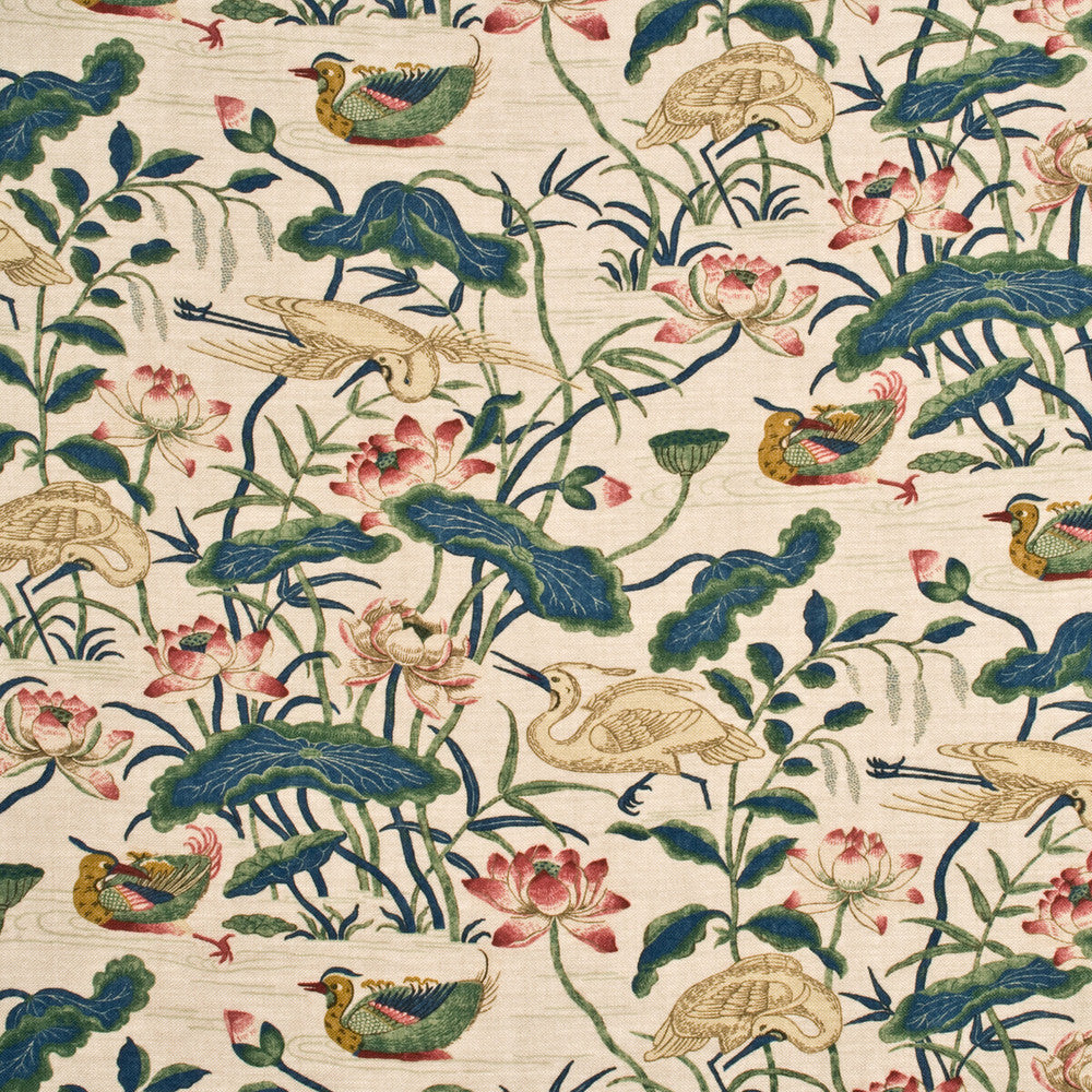 Heron & Lotus Flower Indigo/Pink by G P & J Baker Designer Fabric EMPEROR'S GARDEN LINEN - 100% United Kingdom - Horizontal: - and Vertical: 36.642 53.978 - Swanky Fabrics -