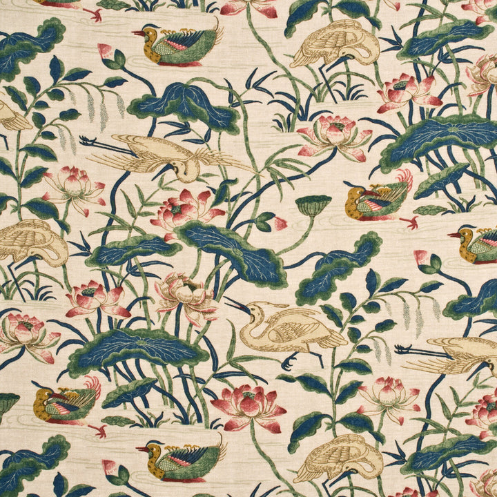 Heron & Lotus Flower Indigo/Pink by G P & J Baker Designer Fabric EMPEROR'S GARDEN LINEN - 100% United Kingdom - Horizontal: - and Vertical: 36.642 53.978 - Swanky Fabrics -