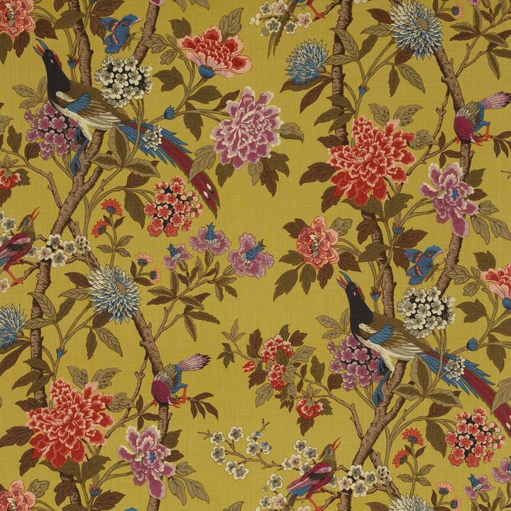 Hydrangea Bird Ochre by G P & J Baker Designer Fabric EAST TO WEST LINEN - 100% Thailand LIGHT Horizontal: 53.978 and Vertical: 43.734 53.978 - Swanky Fabrics -