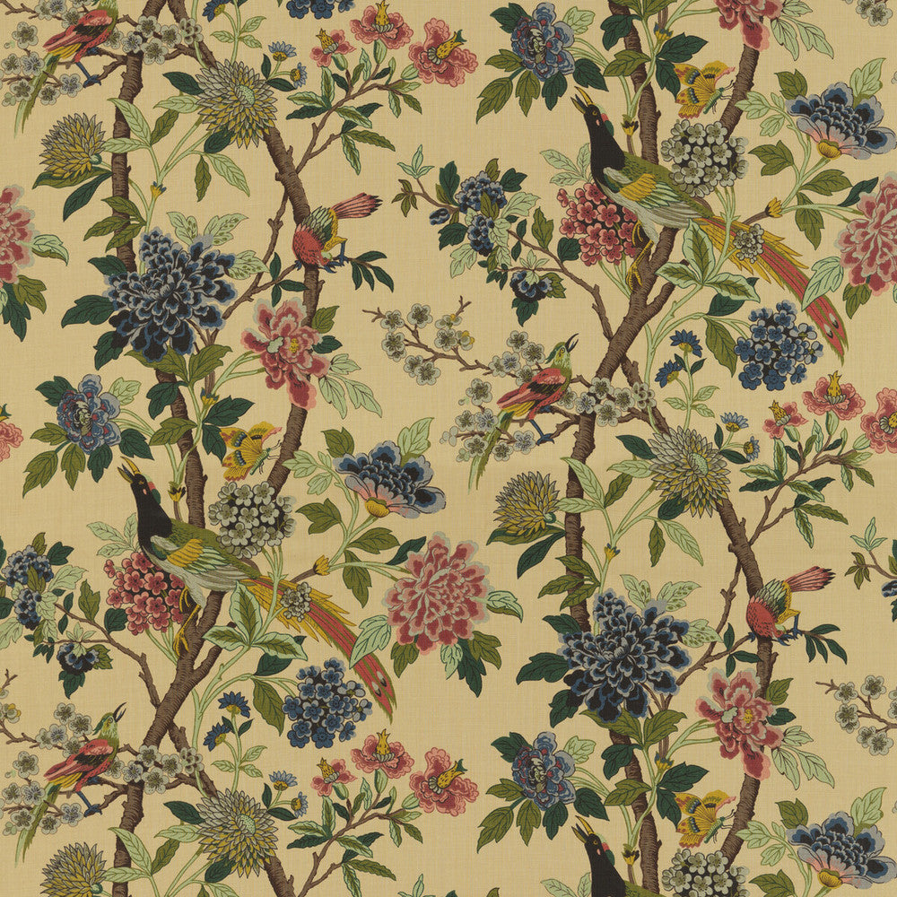 Hydrangea Bird Parchment by G P & J Baker Designer Fabric EAST TO WEST LINEN - 100% Thailand LIGHT Horizontal: and Vertical: 43.734 53.978 - Swanky Fabrics -