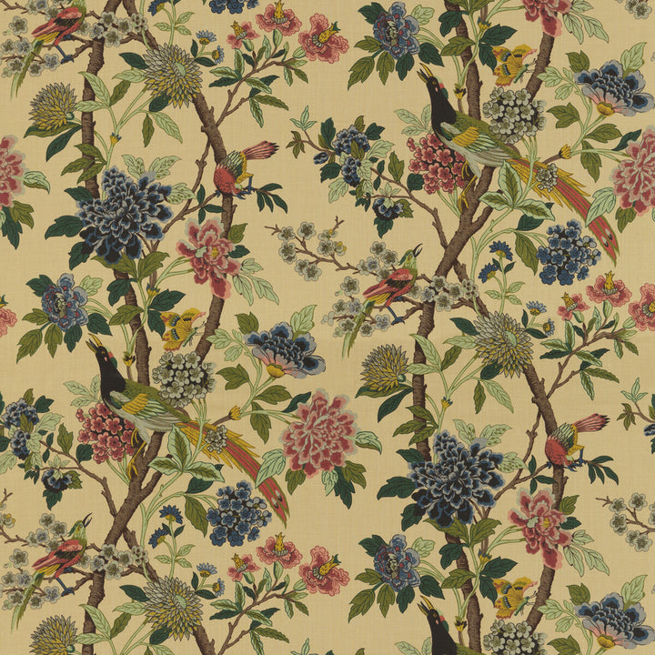 Hydrangea Bird Parchment by G P & J Baker Designer Fabric EAST TO WEST LINEN - 100% Thailand LIGHT Horizontal: and Vertical: 43.734 53.978 - Swanky Fabrics -