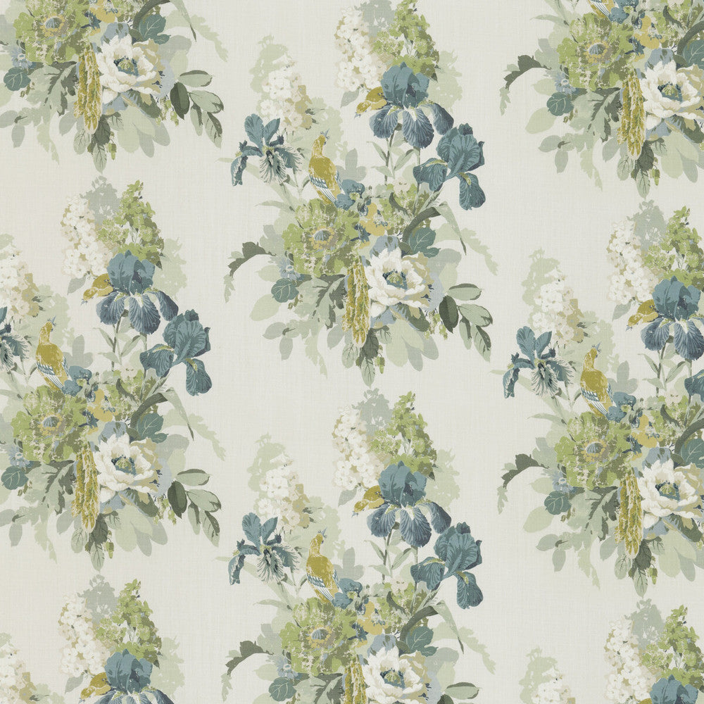 Bird & Iris Soft Teal by G P & J Baker Designer Fabric SIGNATURE PRINTS LINEN - 100% Thailand MEDIUM Horizontal: 17.336 and Vertical: 25.61 52.796 - Swanky Fabrics -
