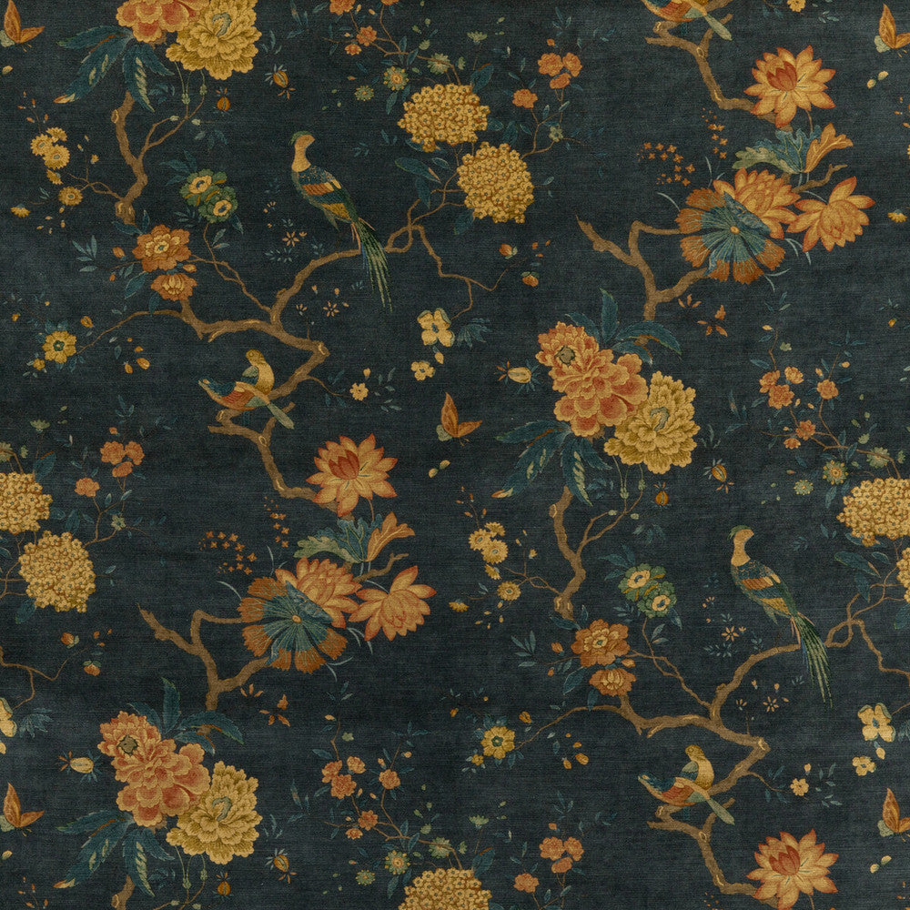 Oriental Bird Velvet Teal by G P & J Baker Designer Fabric SIGNATURE VELVETS VISCOSE - 60%;COTTON - 30%;POLYESTER - 10% Italy - Horizontal: 17.9664 and Vertical: 32.308 53.978 - Swanky Fabrics -