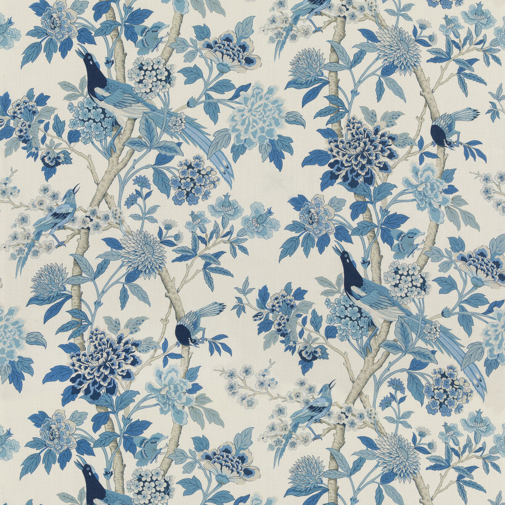 Hydrangea Bird (Archive) Blue by G P & J Baker Designer Fabric CHIFU LINEN - 100% Thailand MEDIUM Horizontal: 52.796 and Vertical: 41.764 52.796 - Swanky Fabrics -