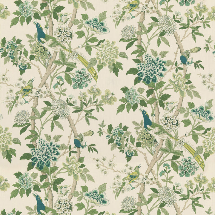 Hydrangea Bird (Archive) Green by G P & J Baker Designer Fabric CHIFU LINEN - 100% Thailand MEDIUM Horizontal: 52.796 and Vertical: 41.764 52.796 - Swanky Fabrics -