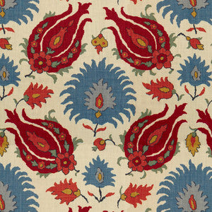 Kashmiri Linen Print Pomegranate/Blue by Brunschwig & Fils Designer Fabric
