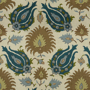 Kashmiri Linen Print Teal Blue/Taupe by Brunschwig & Fils Designer Fabric
