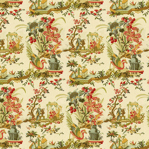 Le Lac Linen Print Teal And Melon On Cream by Brunschwig & Fils Designer Fabric