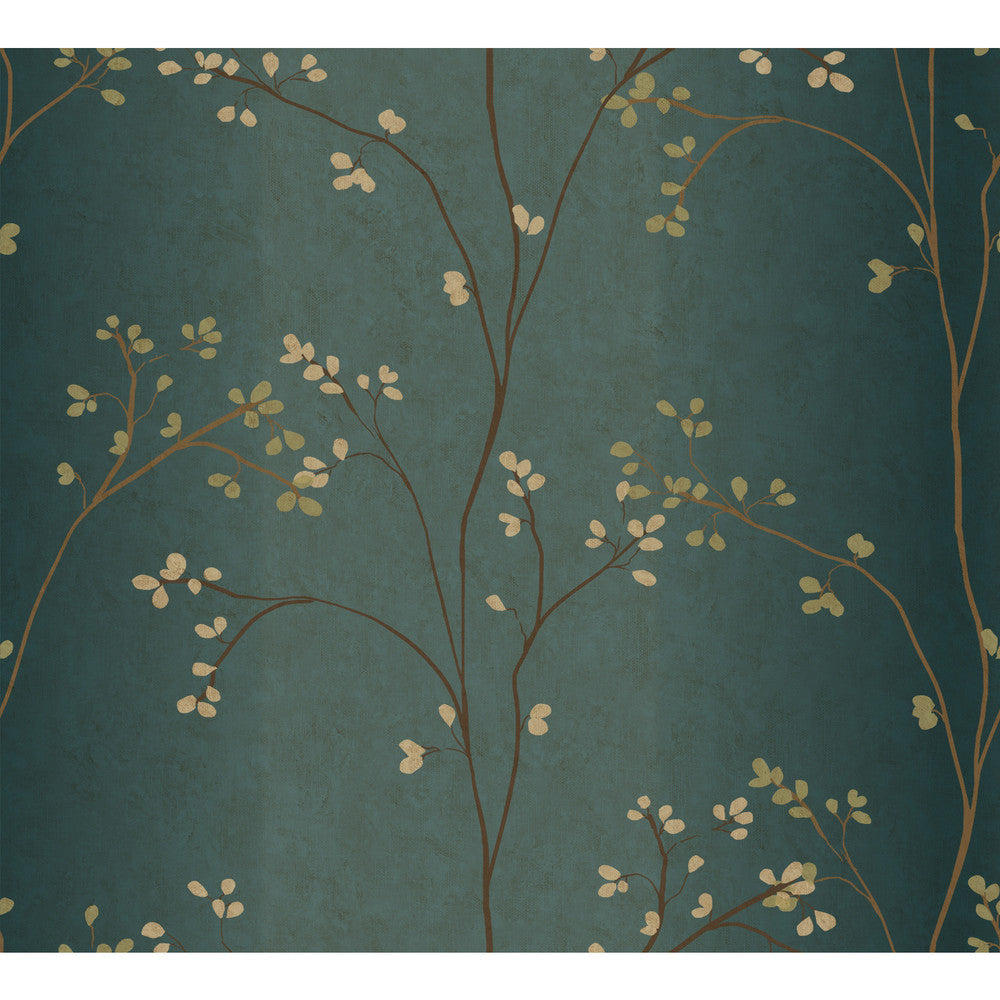 Vertical Blossoms Teal Metallic Wallpaper by York Wallcoverings Designer Earthy Tones Covers about 56.4 square feet 20.5-in by 33-ft long roll Prepasted 0 - Swanky Fabrics -