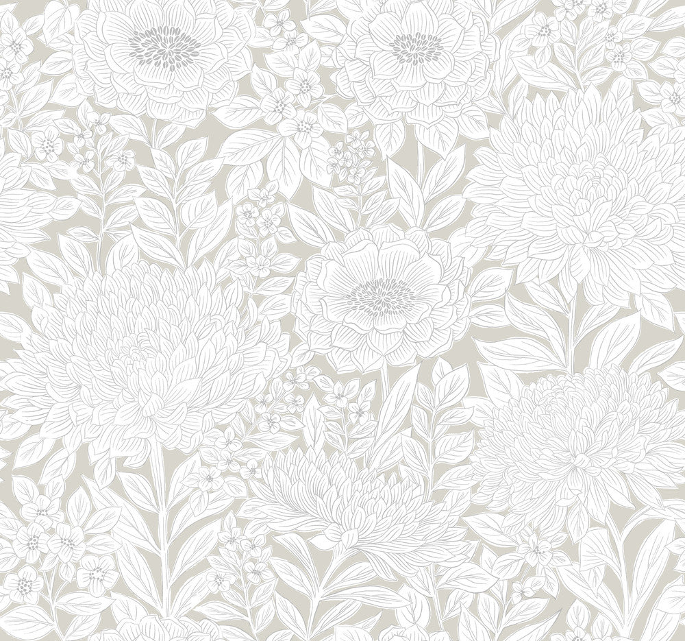 Wood Block Blooms Taupe & Silver Wallpaper by Inspired by Color Designer Beige & Neutrals Covers about 60.8 square feet 27-in by 27-ft long roll Prepasted 25.25 - Swanky Fabrics -