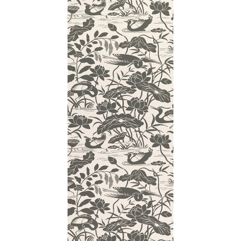Heron & Lotus Flower Black/White by G P & J Baker Designer Wallcovering SIGNATURE II WALLPAPERS PAPER - 100% United Kingdom - Horizontal: 20.488 and Vertical: 25.216 20.488 - Swanky Fabrics -