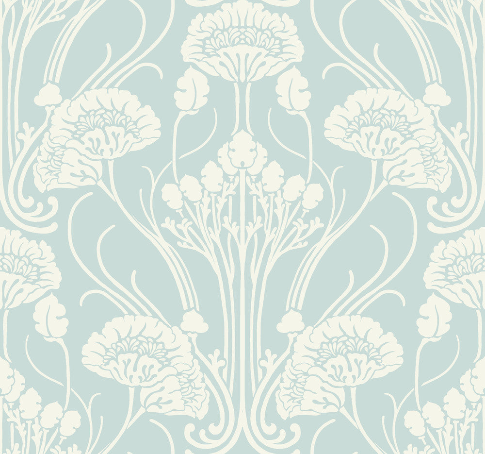 Nouveau Damask Blue Wallpaper by Antonina Vella Designer Antonina Vella Deco Covers about 60.8 square feet 27-in by 27-ft long roll Unpasted 25.25 - Swanky Fabrics -