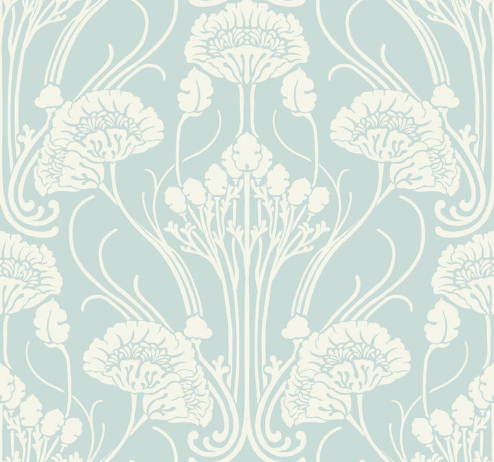 Nouveau Damask Blue Wallpaper by Antonina Vella Designer Antonina Vella Deco Covers about 60.8 square feet 27-in by 27-ft long roll Unpasted 25.25 - Swanky Fabrics -