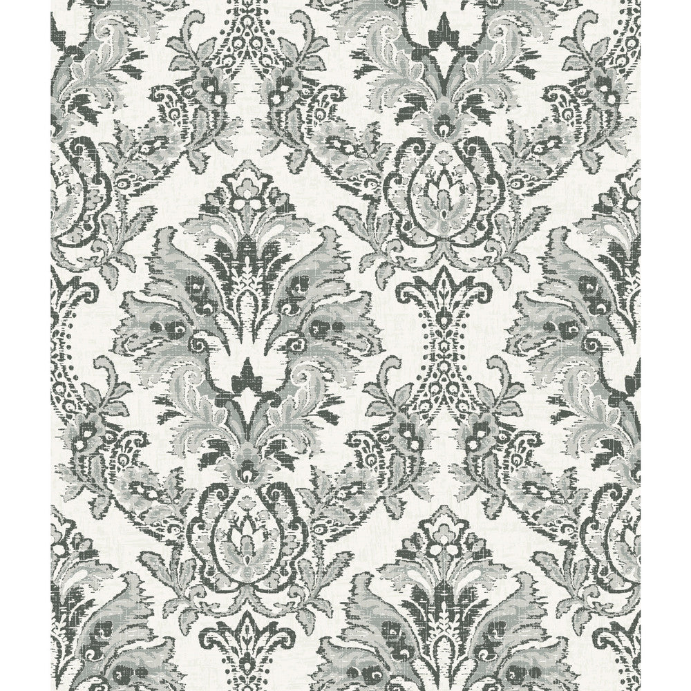 Bold Brocade Black Wallpaper by York Wallcoverings Designer Impressionist Covers about 56.4 square feet 20.5-in by 33-ft long roll Unpasted 24 - Swanky Fabrics -