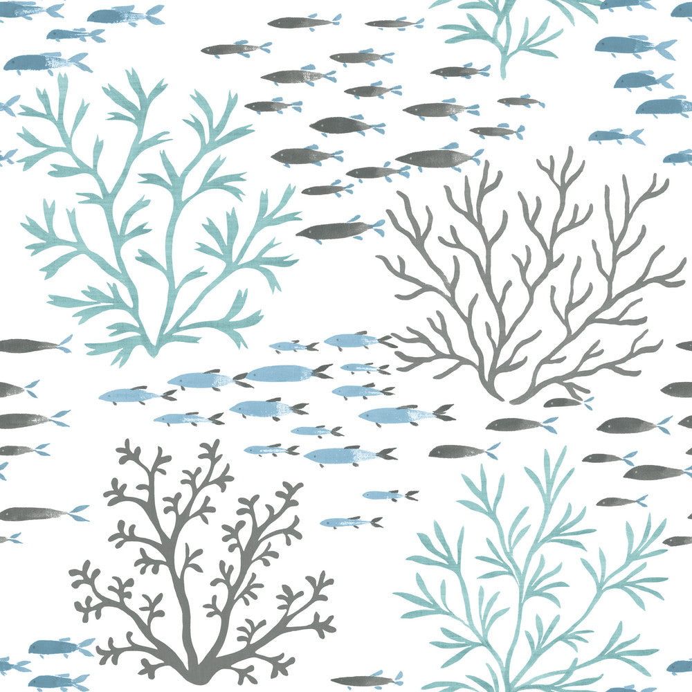 Marine Garden Blue & Brown Wallpaper by York Wallcoverings Designer Water's Edge Resource Library Covers about 56.4 square feet 20.5-in by 33-ft long roll Prepasted 20.5 - Swanky Fabrics -