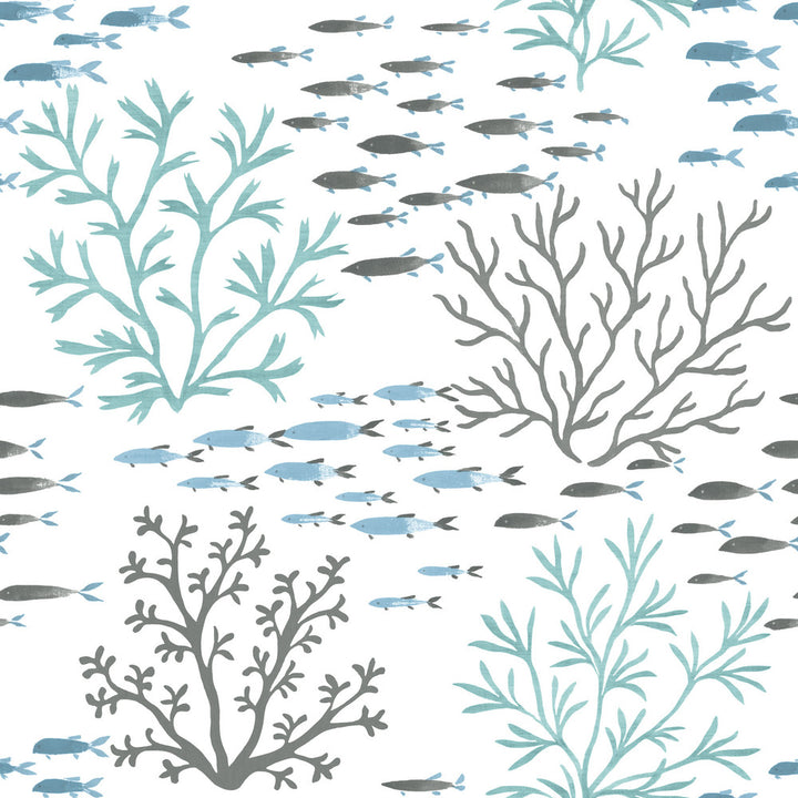 Marine Garden Blue & Brown Wallpaper by York Wallcoverings Designer Water's Edge Resource Library Covers about 56.4 square feet 20.5-in by 33-ft long roll Prepasted 20.5 - Swanky Fabrics -