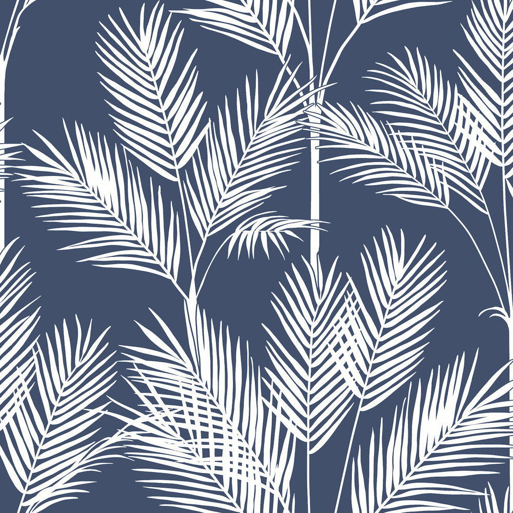 King Palm Silhouette Navy Wallpaper by Inspired by Color Designer Blues II Covers about 56.4 square feet 20.5-in by 33-ft long roll Prepasted 20.5 - Swanky Fabrics -
