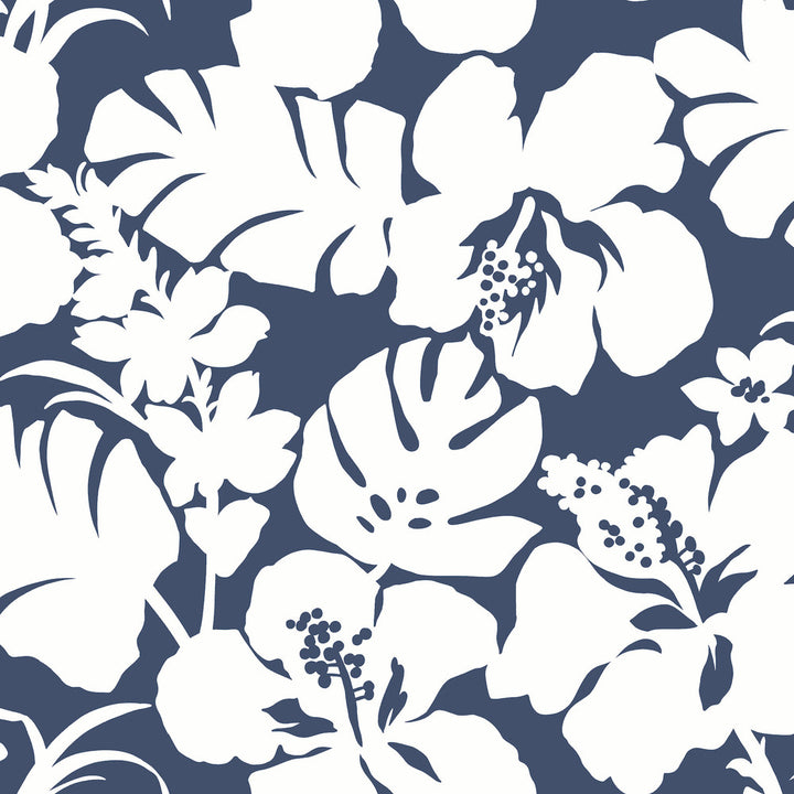 Hibiscus Arboretum Navy Wallpaper by York Wallcoverings Designer Water's Edge Resource Library Covers about 56.4 square feet 20.5-in by 33-ft long roll Prepasted 20.5 - Swanky Fabrics -