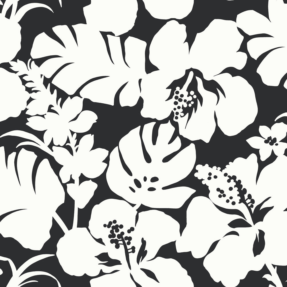 Hibiscus Arboretum Black Wallpaper by York Wallcoverings Designer Water's Edge Resource Library Covers about 56.4 square feet 20.5-in by 33-ft long roll Prepasted 20.5 - Swanky Fabrics -